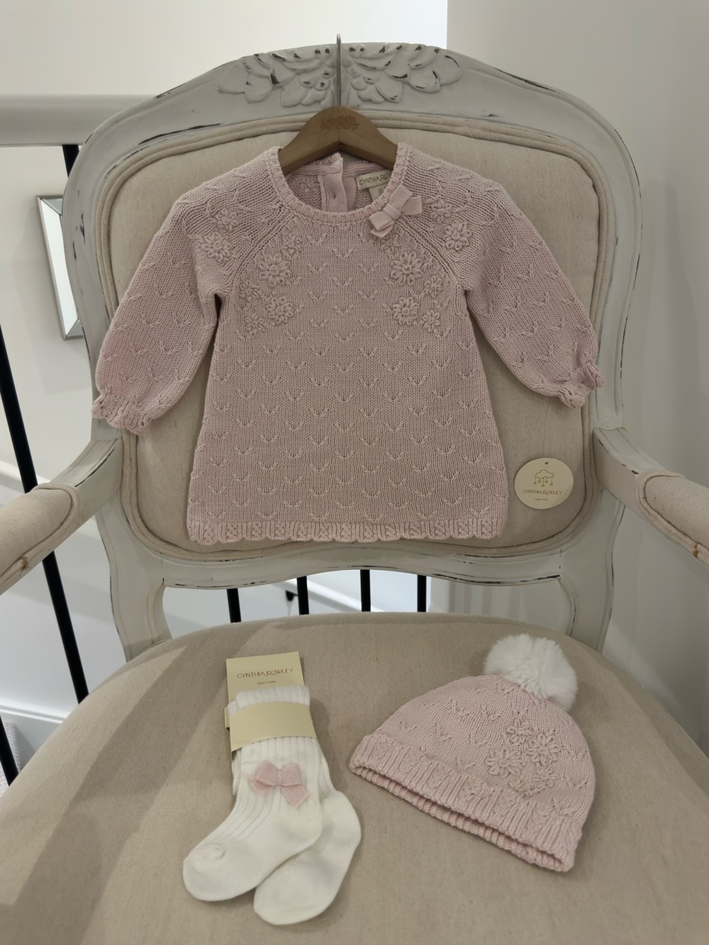 🦢 3~6 Mth Gorgeous Cynthia Rowley Pale Pink Knit Baby Sweater Dress Set NWT